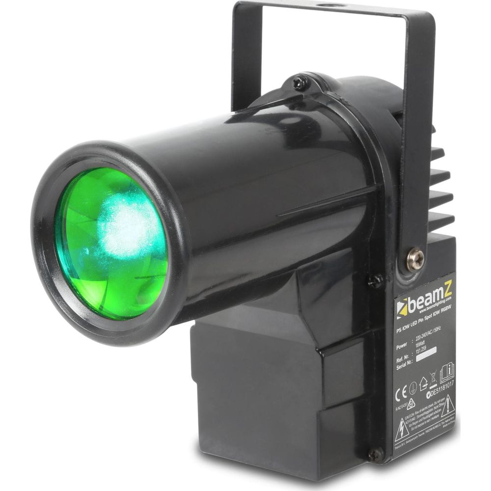 Foco LED negro con haz de luz verde y soporte plateado.