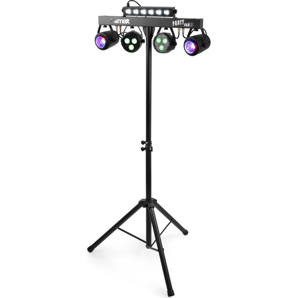 Un soporte de luz negro con cuatro luces y una barra LED encima.