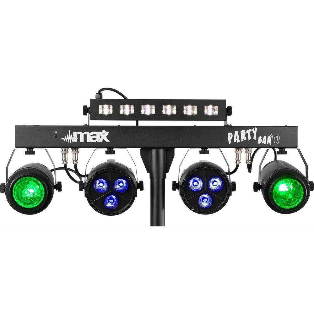 Una barra de efectos de iluminación negra con cuatro luces redondas.