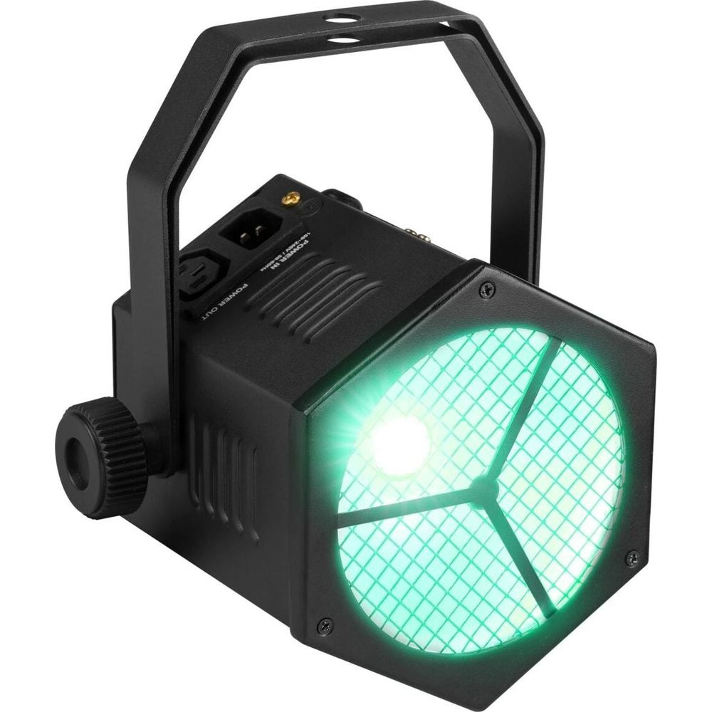 Un foco LED negro emitiendo luz verde, mostrado sobre fondo blanco.
