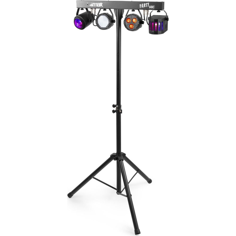 Una barra de luces de fiesta negra con cuatro luces en un soporte de trípode.
