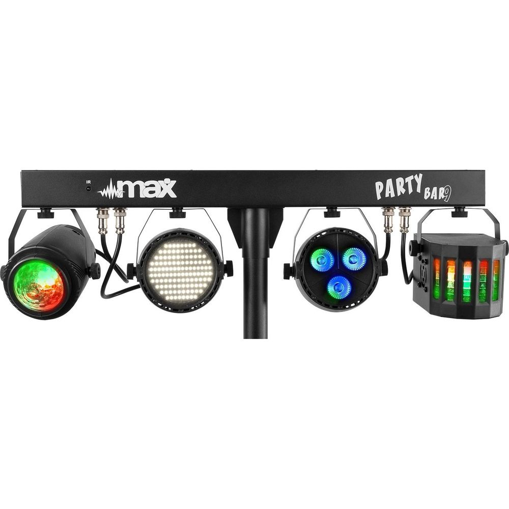 Barra de luces de fiesta con cuatro luces: un foco, dos focos LED y un cambiador de color.