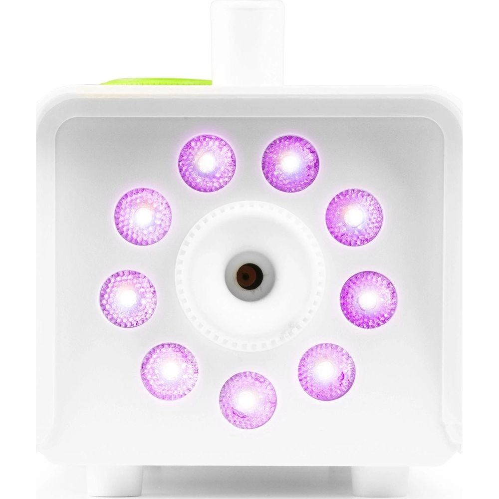 Un dispositivo blanco con lente central y nueve luces púrpuras.