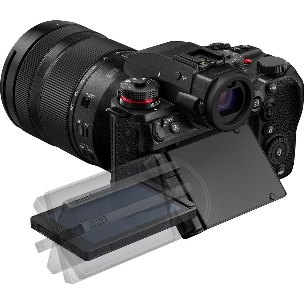 Schwarze Digitalkamera mit Objektiv, LCD-Bildschirm ausgefahren und geneigt.