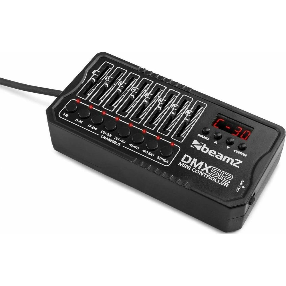 Mini controlador DMX512 negro con 8 deslizadores y pantalla digital.