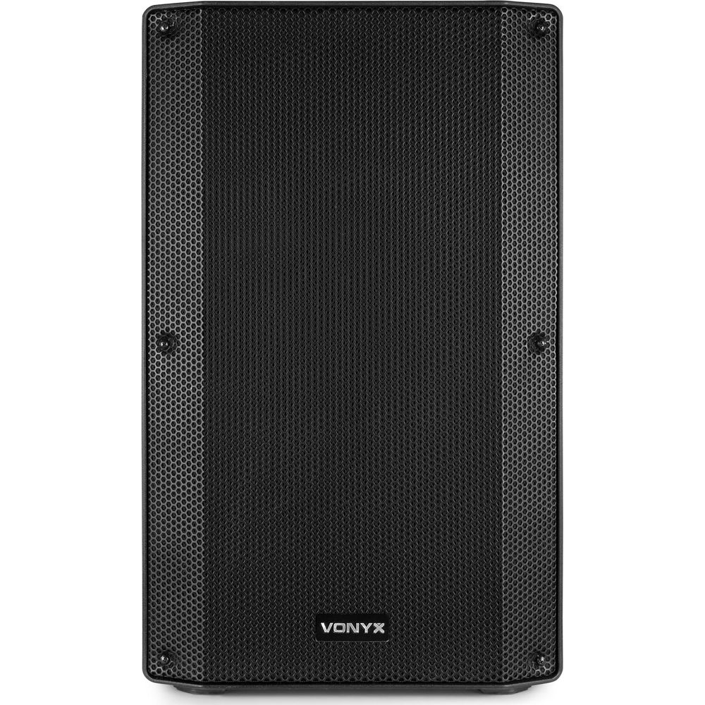 Altavoz negro con logo VONYX, frontal de rejilla y tornillos.
