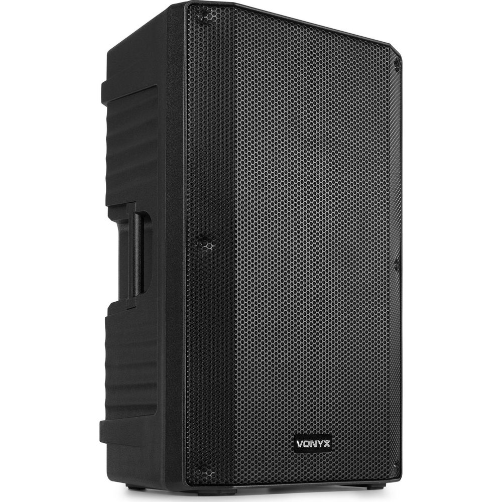 Altavoz Vonyx negro con frente de malla y asa.