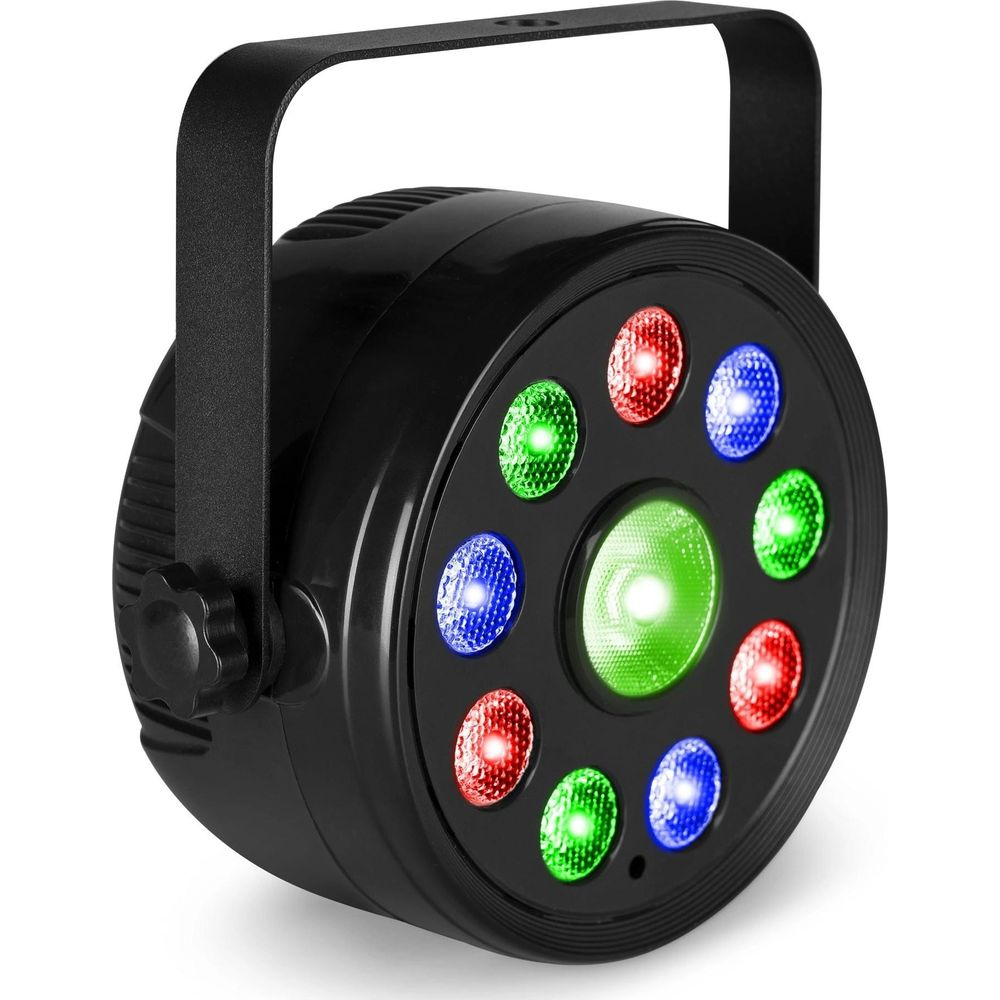 Efecto de luz redondo negro con LEDs rojos, verdes y azules y un gran centro LED verde.
