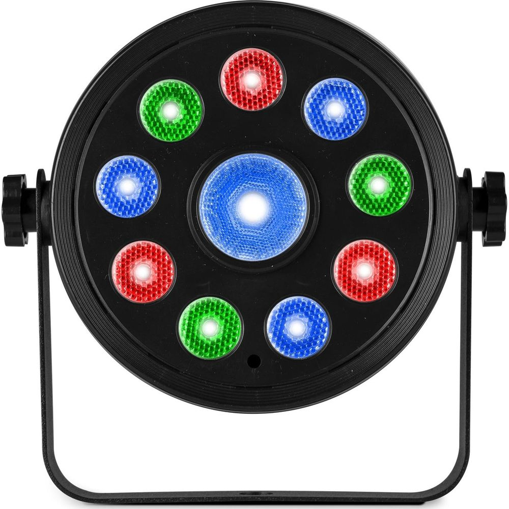 Una luz de escenario redonda negra con LEDs rojos, verdes y azules.