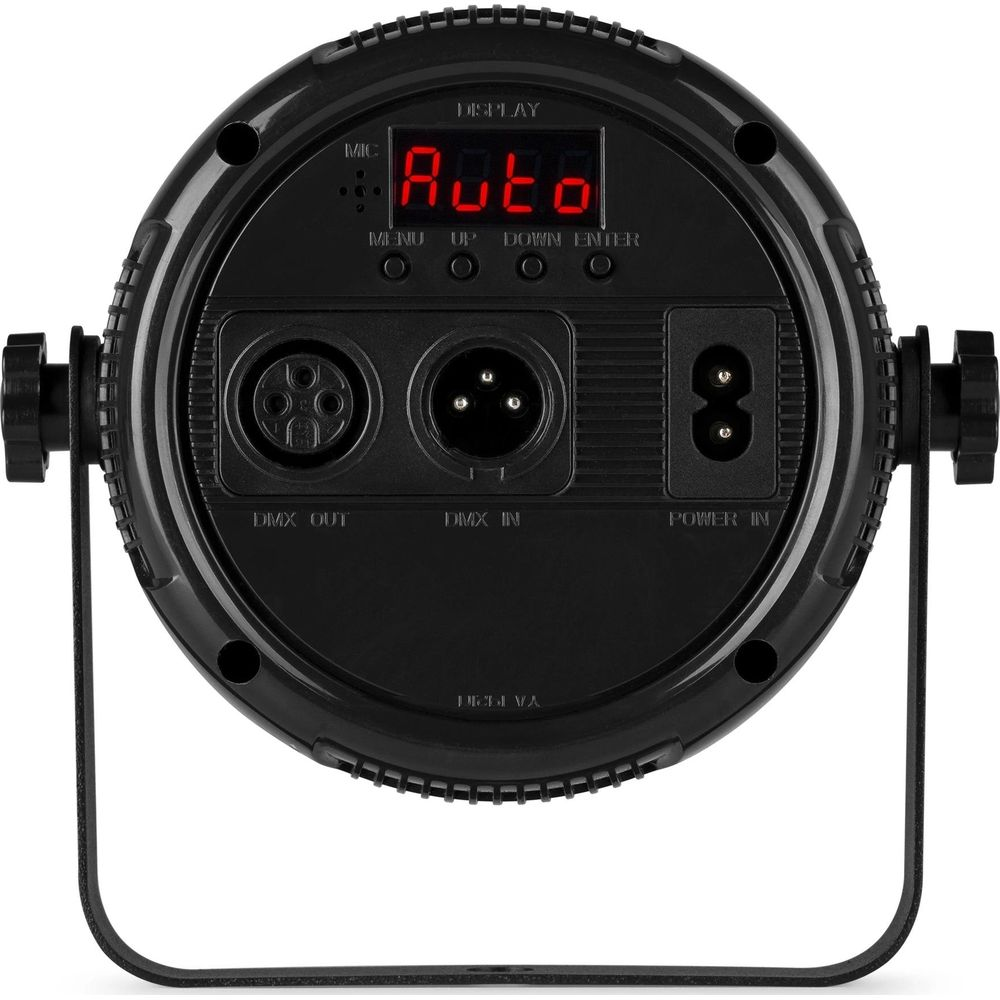 Parte posterior de un foco negro con puertos y pantalla que dice 'Auto'.