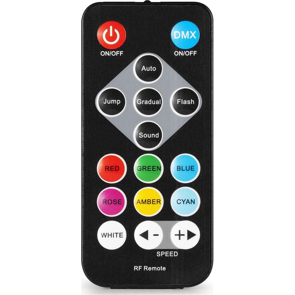 Mando a distancia negro con botones de colores para efectos de luz.
