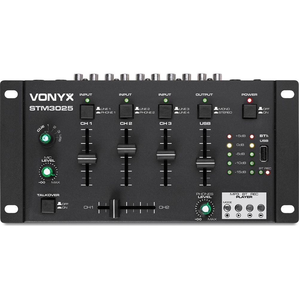Una mesa de mezclas Vonyx STM3025 con deslizadores, perillas y controles.