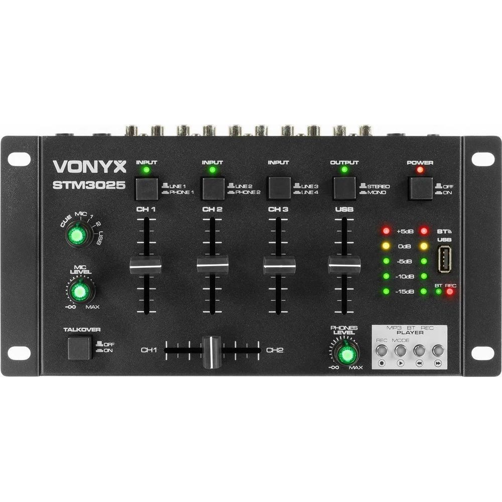 Mezclador Vonyx STM3025 con faders de canal, indicadores de nivel y puerto USB.