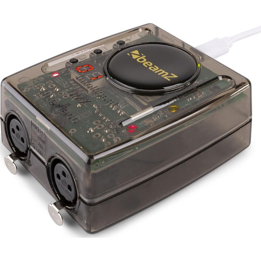 Una caja de interfaz DMX transparente con conectores XLR y un logo BeamZ.