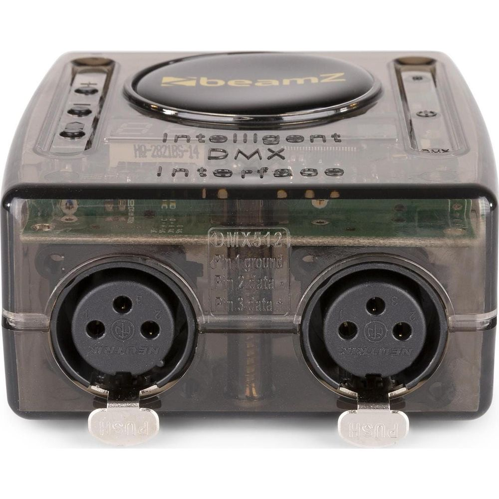 Una interfaz DMX transparente con dos conectores XLR y etiquetado.