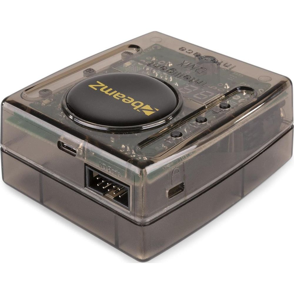 Un controlador de interfaz DMX negro transparente con logo Beamz amarillo.