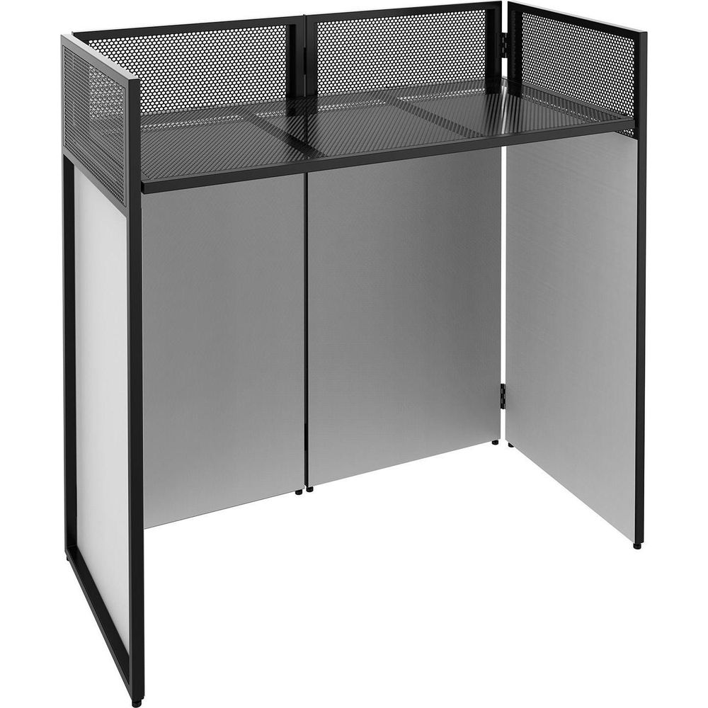 Una mesa DJ negra con estante perforado y paneles grises.