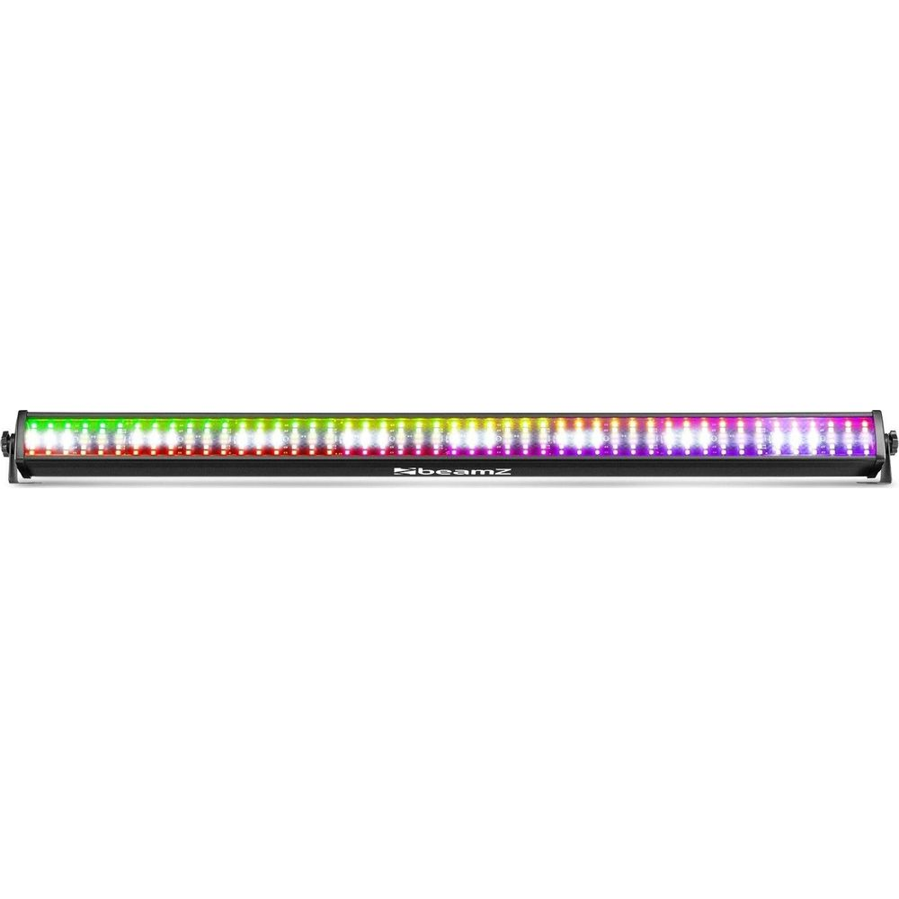 Una barra de luz larga y estrecha con muchos LED de colores sobre fondo blanco.
