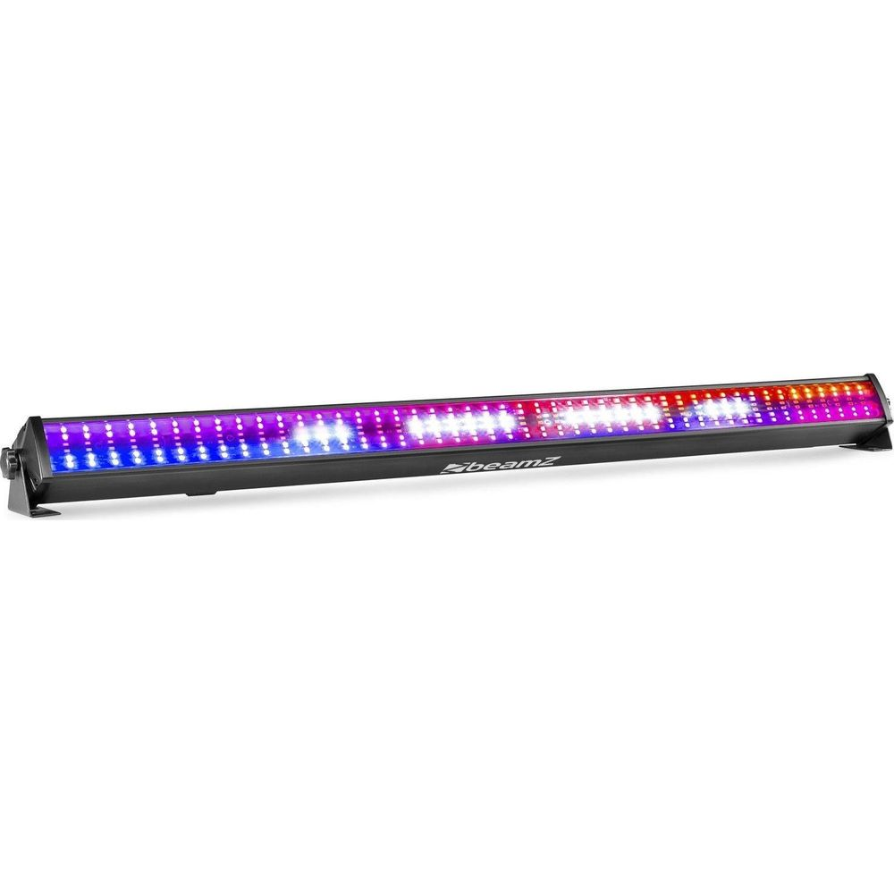 Una barra de luz negra con LEDs azules, morados y rojos iluminados sobre fondo blanco.