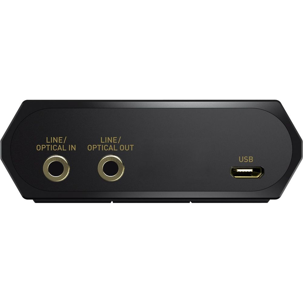 Schwarzes Audiogerät mit Line/Optical In, Line/Optical Out und USB-Anschluss.