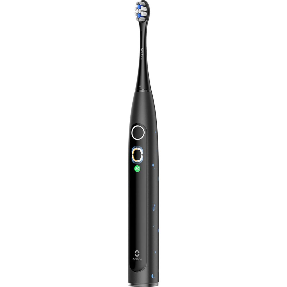 Spazzolino elettrico nero con setole blu e due pulsanti.
