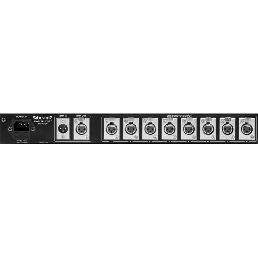 Parte trasera de un divisor/amplificador BeamZ negro de 8 vías con puertos.