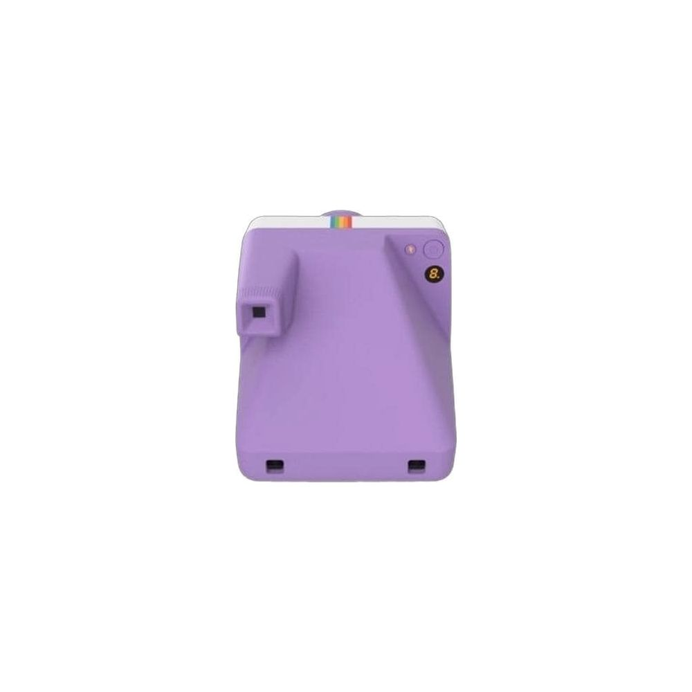 Fioletowy aparat natychmiastowy z kolorowym paskiem na górze.