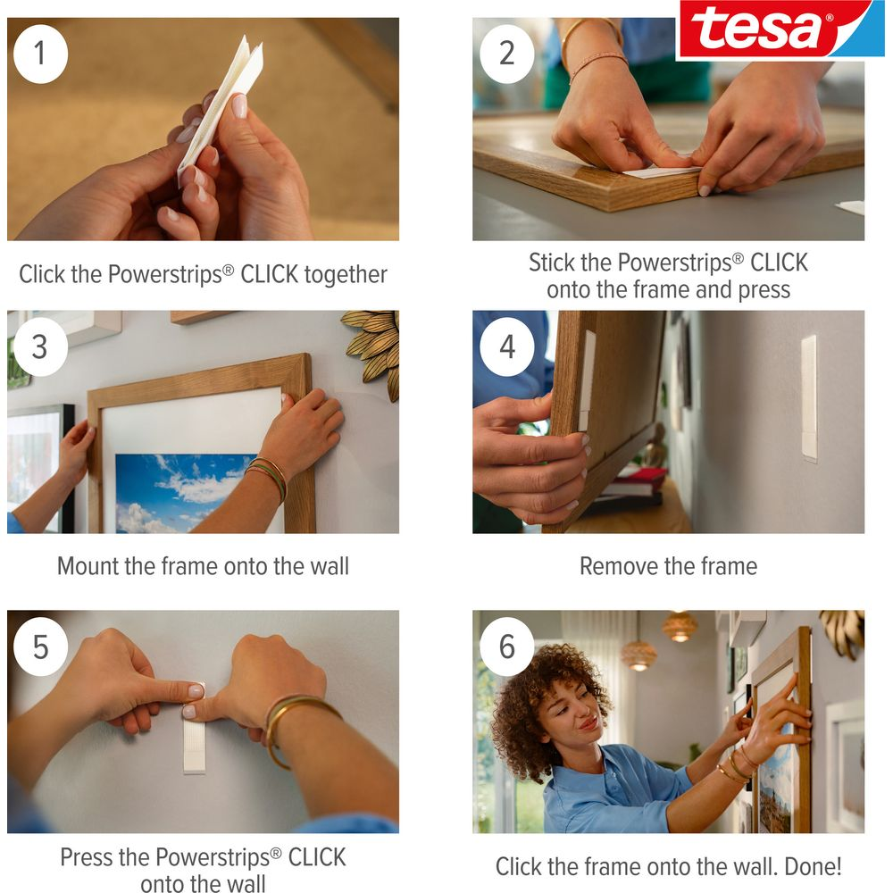 Guida per appendere con Tesa Powerstrips: Unire strisce, attaccare al telaio, rimuovere telaio, attaccare al muro, appendere.