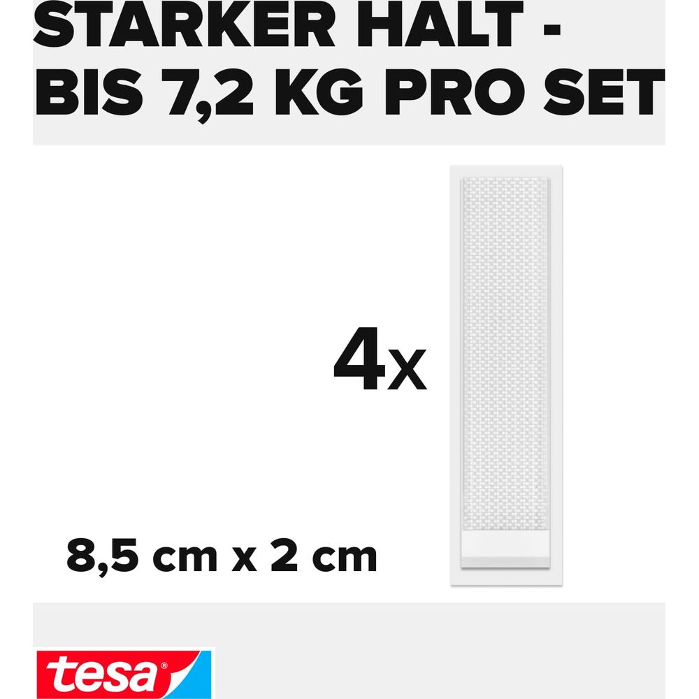 Starke Haken, 4 Stück, 8,5 x 2 cm, Tesa Logo.