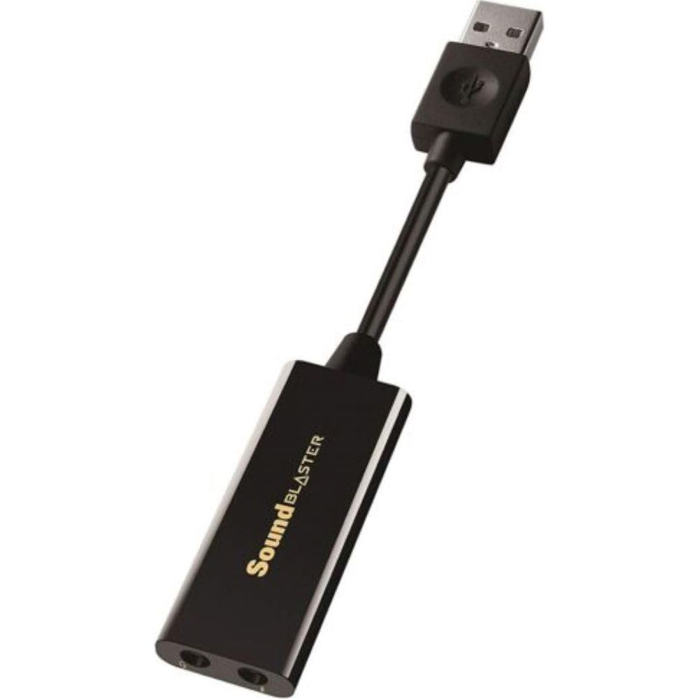 Adaptador de tarjeta de sonido USB negro con cable y conector.