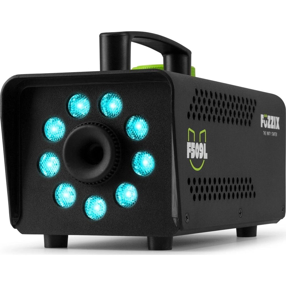 Máquina de humo negra con luces LED azules y asa verde.
