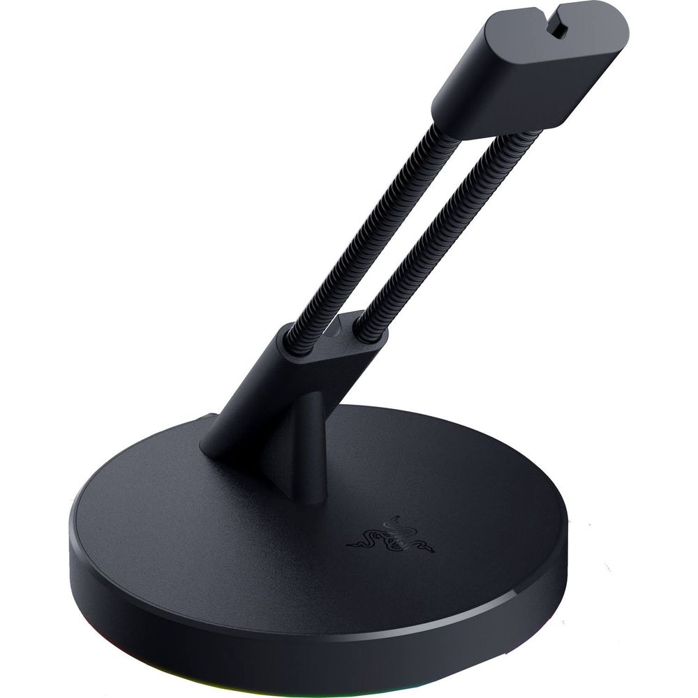 Zwarte muisbungee met flexibele arm en U-vormige clip op ronde basis.