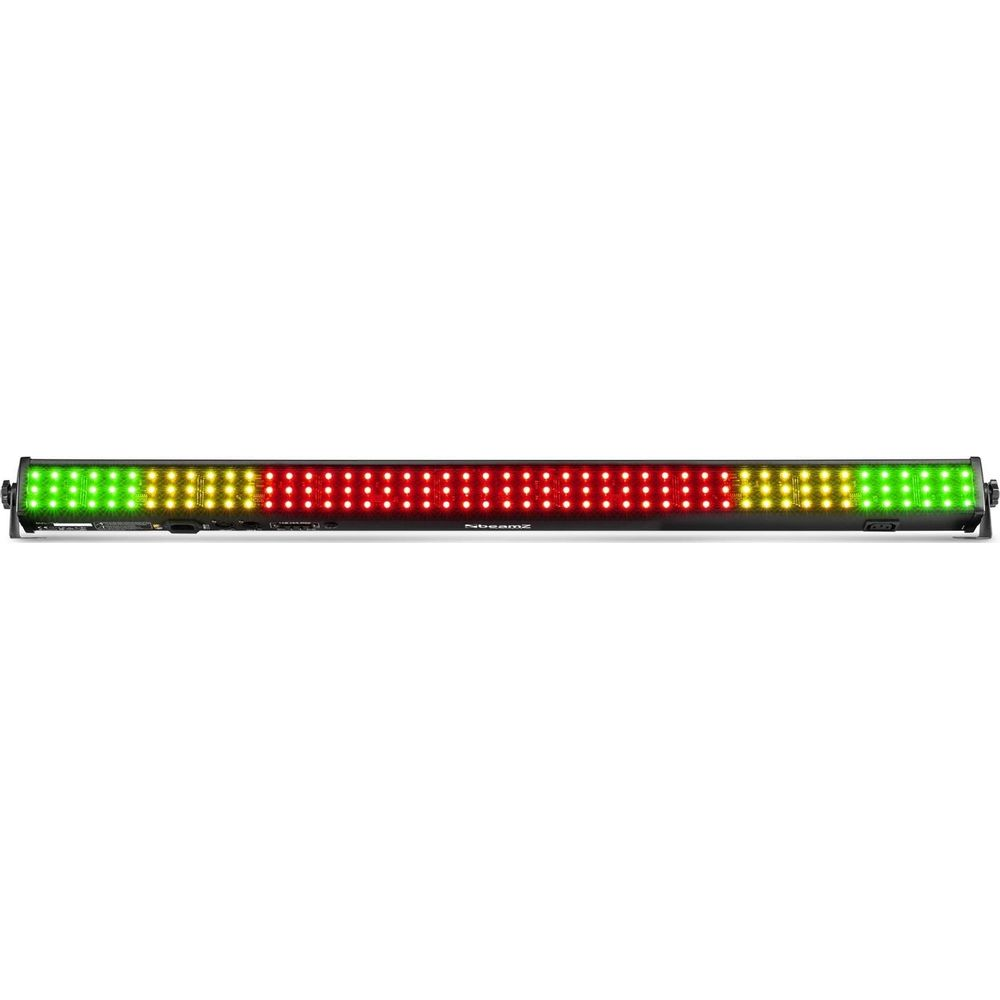 Una barra de luz larga con LEDs verdes, amarillos y rojos, sobre fondo blanco.