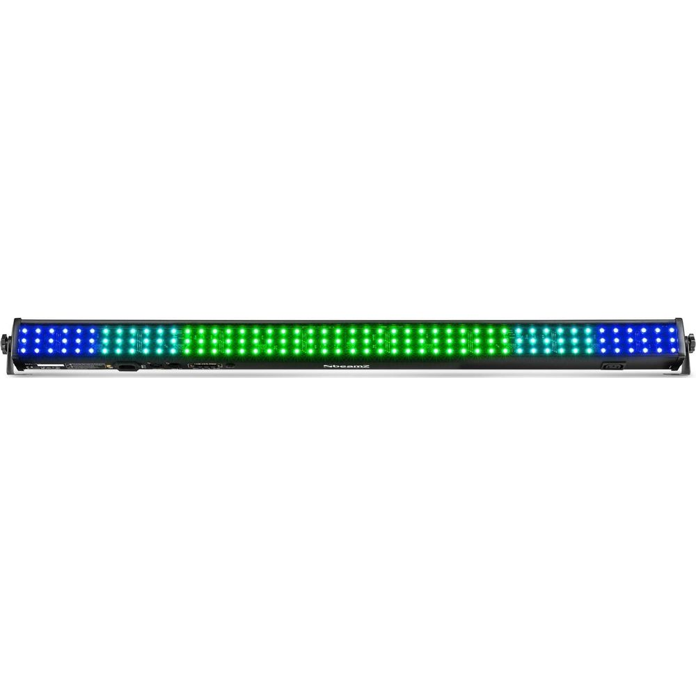 Una barra de luz larga brilla en verde y azul con muchos LEDs pequeños.