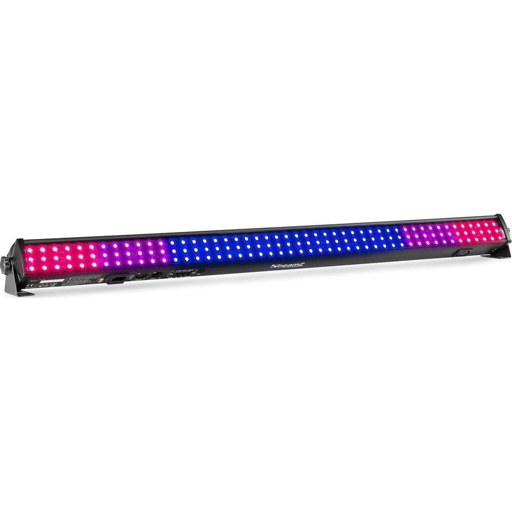 Una barra de luz LED larga con luces rojas, violetas y azules.