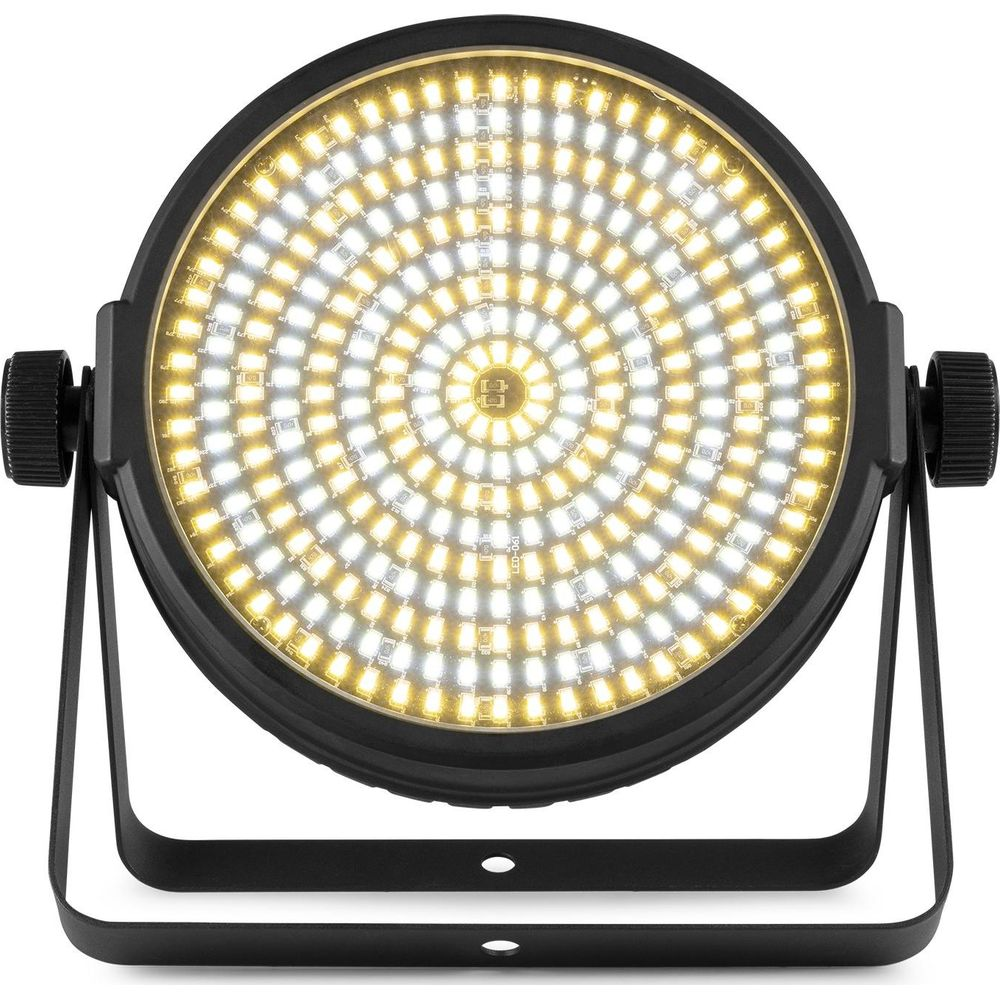 Foco redondo negro con muchos LEDs blancos y amarillos, sobre soporte negro.