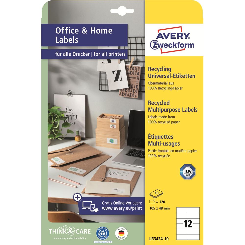 Verpackung für Avery Zweckform Recycling Etiketten im Format 105x48mm.