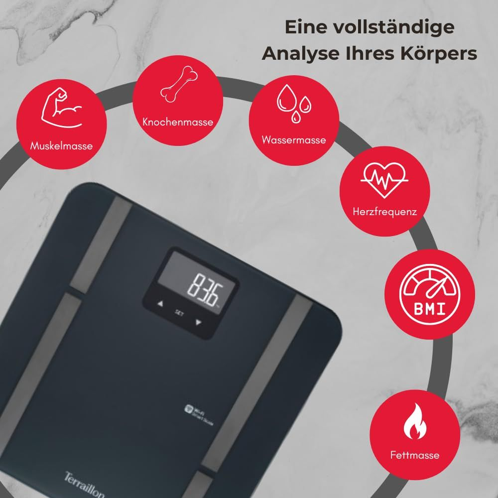 Ciemna waga łazienkowa z ikonami masy mięśniowej, kostnej, wody, tętna, BMI, tkanki tłuszczowej.