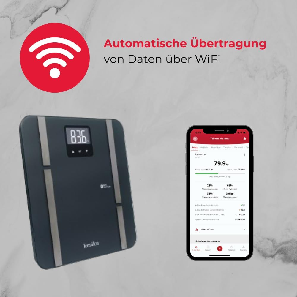 Ciemna waga łazienkowa i smartfon wyświetlają dane zdrowotne.