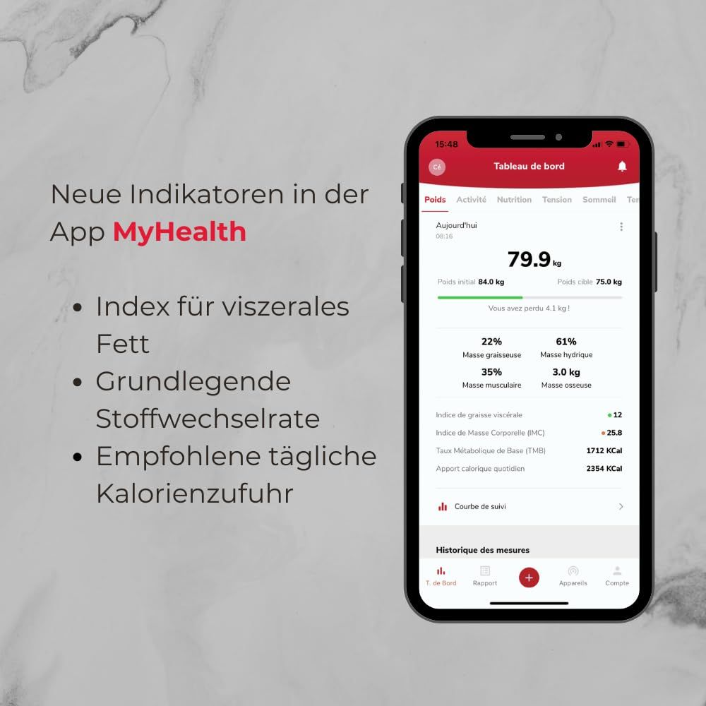 Ekran aplikacji z danymi zdrowotnymi: waga 79,9 kg, tkanka tłuszczowa 22%, masa mięśniowa 35%.