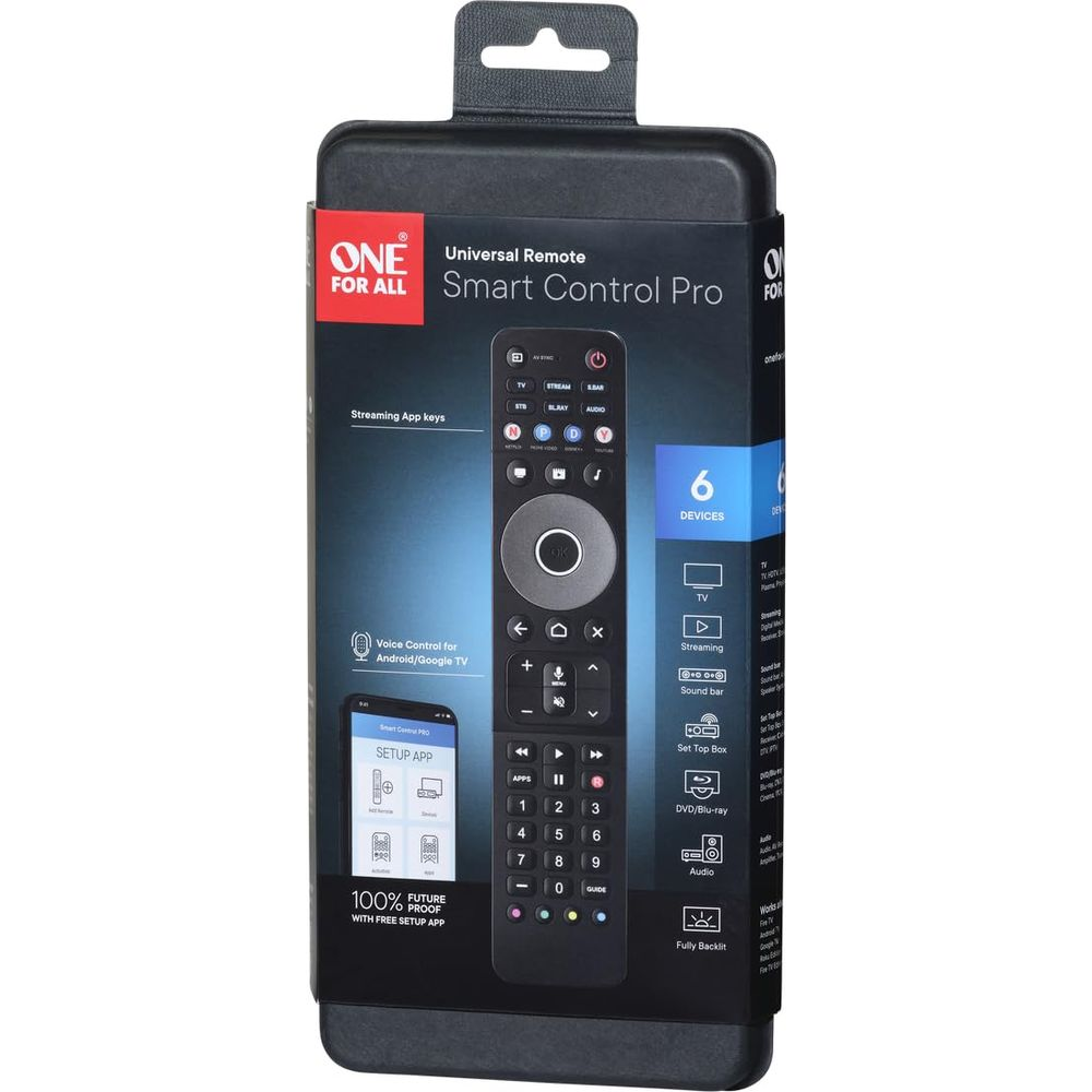 Opakowanie uniwersalnego pilota One For All Smart Control Pro z przyciskami.