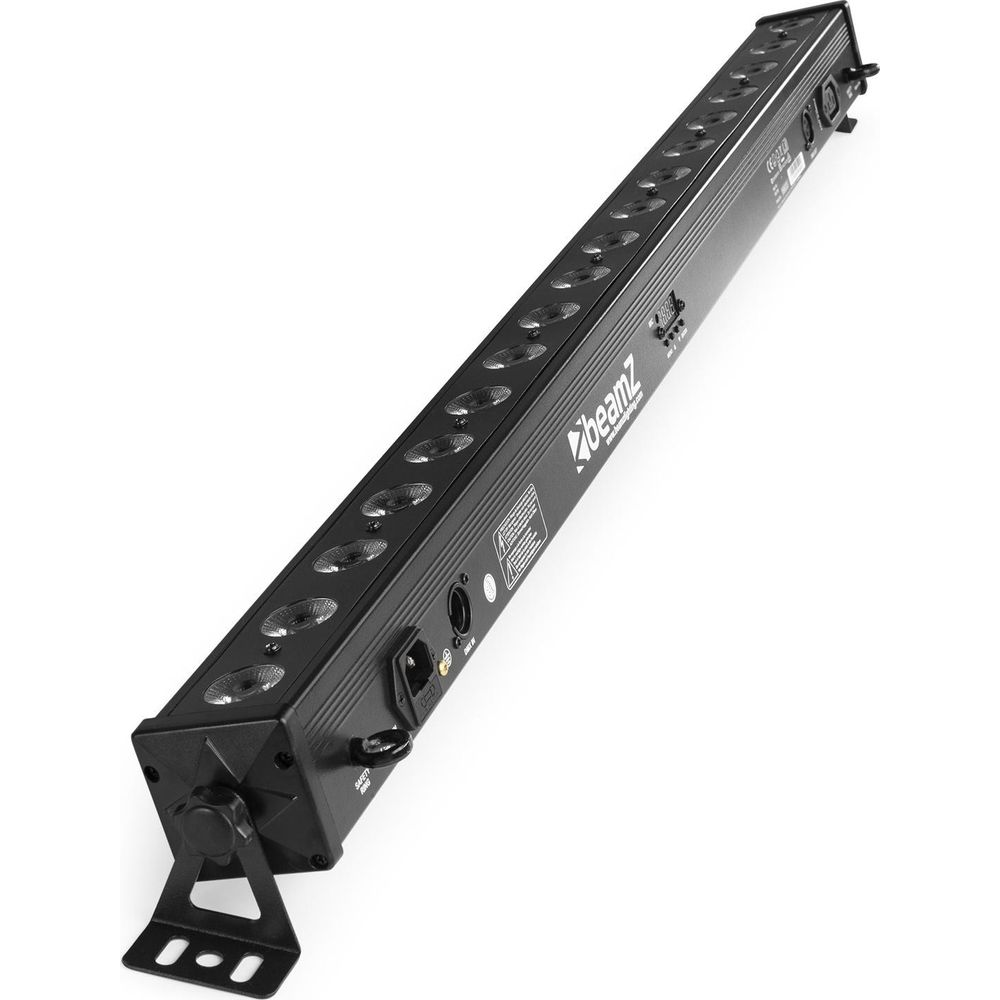 Barra de luz negra con 18 LEDs, montada lateralmente, sobre fondo blanco.