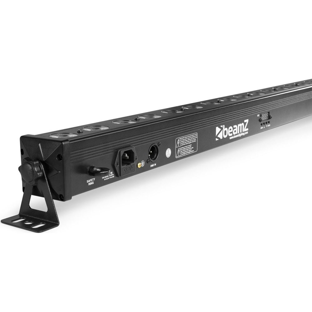 Barra de luz negra con conectores, ventiladores y logo "Beamz".