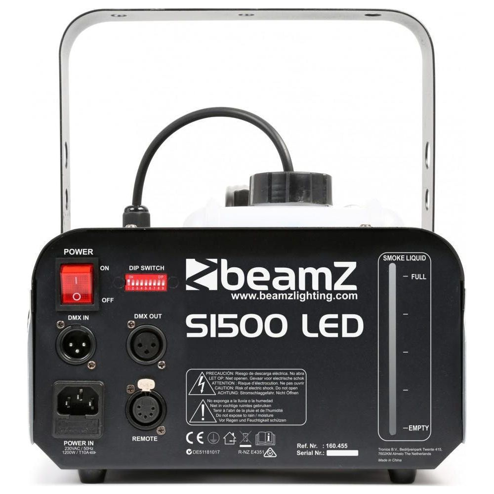 Máquina de humo con controles: Encendido, Dip Switch, DMX, Mando a distancia e indicador de nivel de líquido.