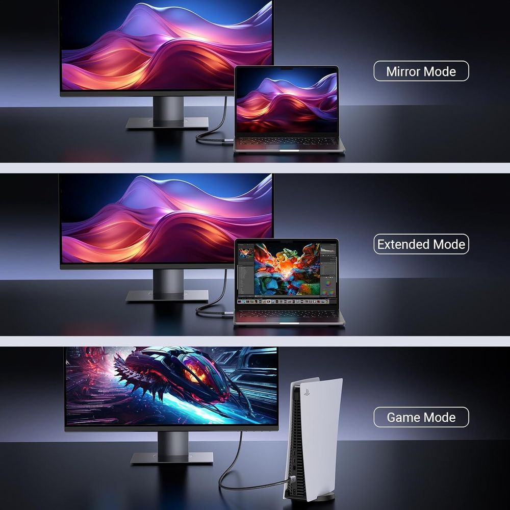 Trzy tryby ekranu: Monitor lustrzany laptopa, rozszerza ekran laptopa lub PS5 na monitorze.