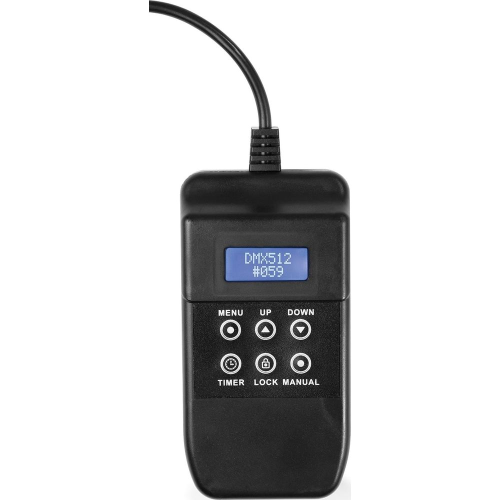 Un controlador DMX512 negro con pantalla LCD y seis botones.