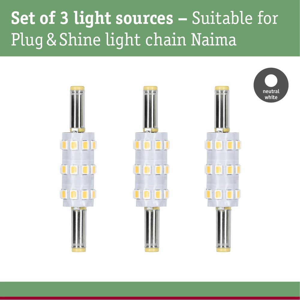 Trzy neutralne białe źródła światła LED do łańcuchów świetlnych.
