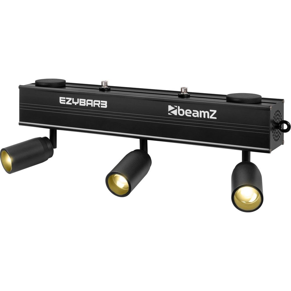Un dispositivo de barra de luz negra con tres focos orientables, iluminado.