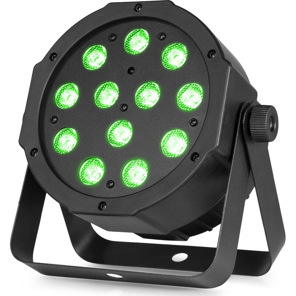Foco negro con 12 LEDs verdes sobre soporte negro.