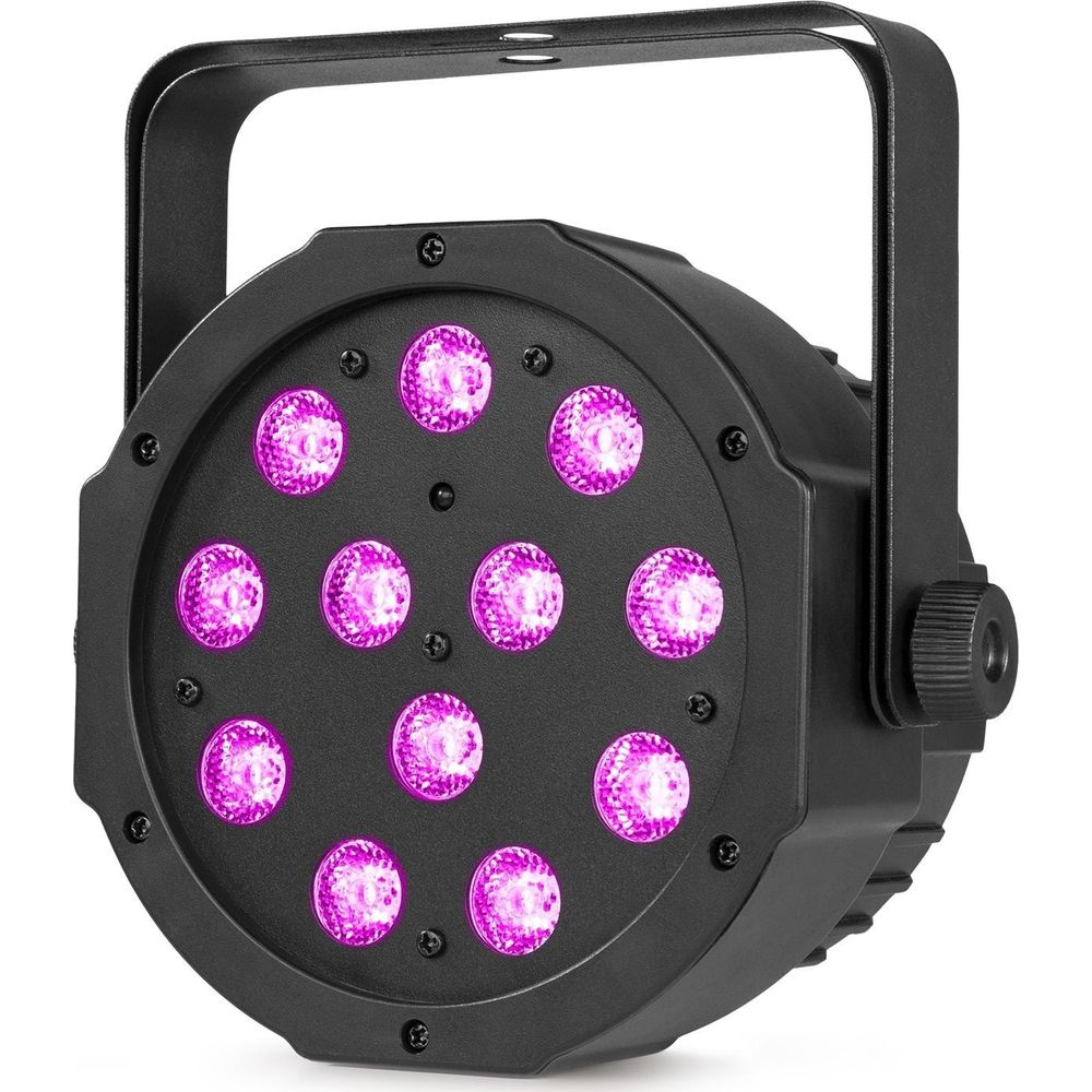 Una luz de escenario negra con 12 LED rosas, montada en un soporte.